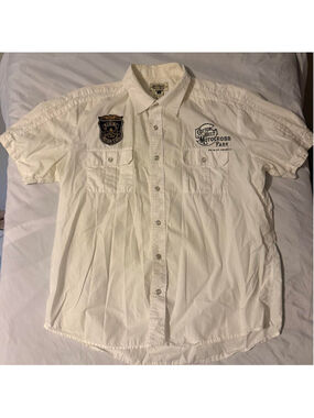 American Rag XL White Motocross Work Shirt Back Graphic Utility Button Up 

Orig